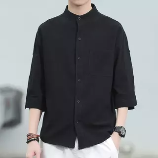 เสื้อเชิ้ตผ้าลินินผู้ชาย แขน 3/4 ทรงหลวม สไตล์มินิมอล ระบายอากาศดี