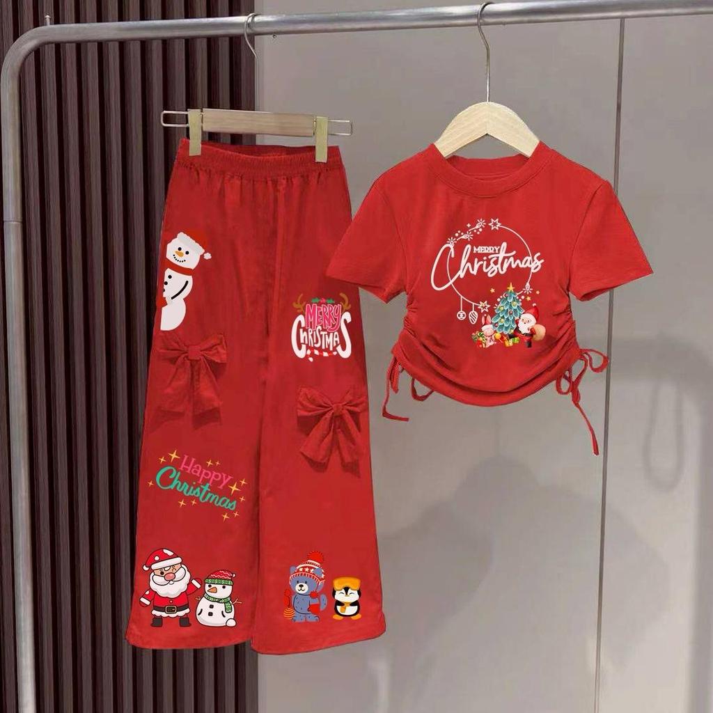PINKชุดเซ็ทเด็กลายคริตส์มาสCHRISMAS  เสื้อผูกโบว์ข้าง+กางเกงแต่งโบว์