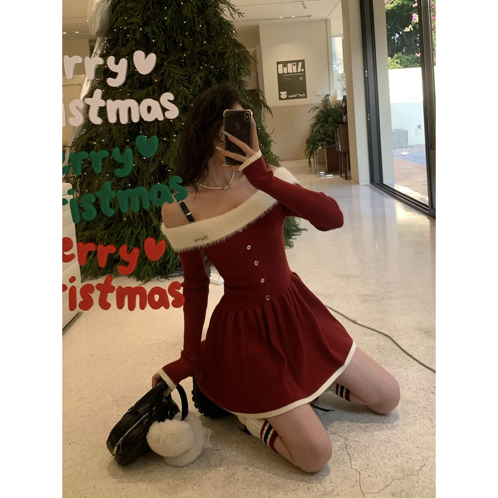 ชุดคริสต์มาสสีแดงถักสลิง คอเซ็กซี่ ชุดยาวสำหรับหญิง W661/11.7