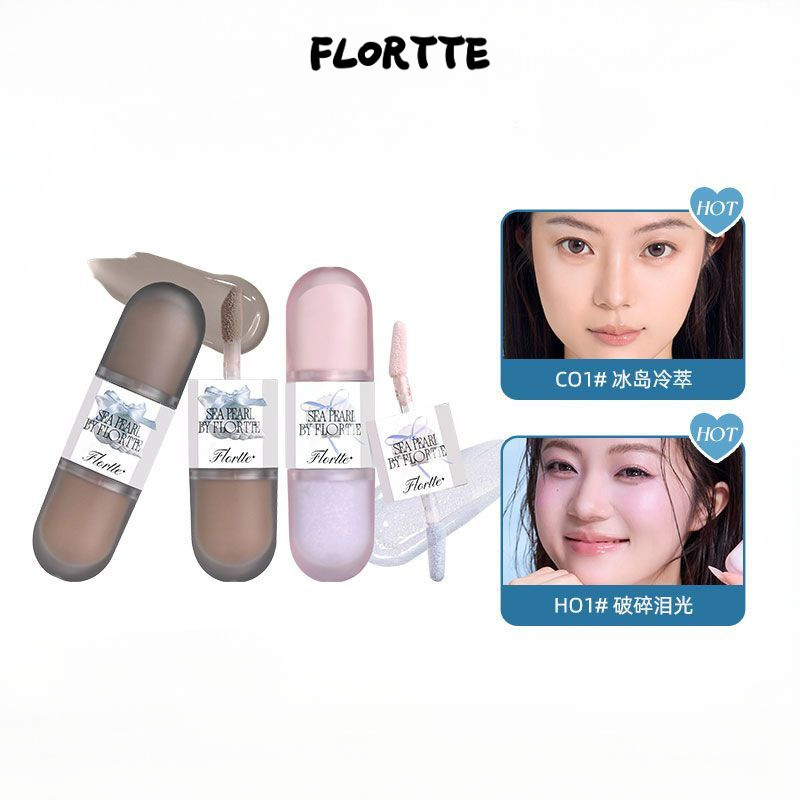 FLORTTE Glass Sea Double Head Liquid High Gloss Grooming Liquid Facial Brightening จมูก Shadow Side Shadow Sleeping Silkworm หญิง High Gloss Face Liquid Highlight & Contour