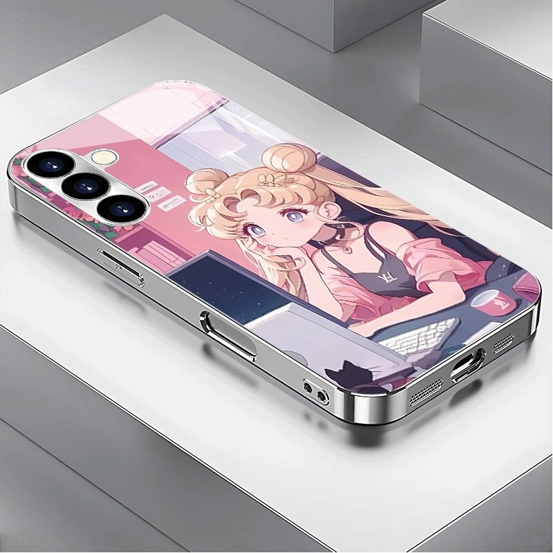 SAMSUNG เซเลอร์มูนทํางานหรูหราชุบกรอบแก้วเคสโทรศัพท์สําหรับSamsung Galaxy S22 S23 S24 S25 Ultra A22 A23 A25 A33 A35 A52 A53 A54 A55 A56 A70 A71 A90 ฝาครอบโทรศัพท์