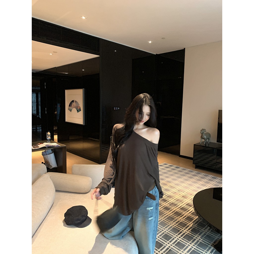 ⭐Soroh⭐เสื้อยืด แขนยาว ปาดไหล่ สีทึบ ทรงหลวม ผ้านิ่ม เสื้อผ้าผู้หญิง สไตล์เกาหลี ใส่สบาย#FY5039#1 - รูปที่ 7