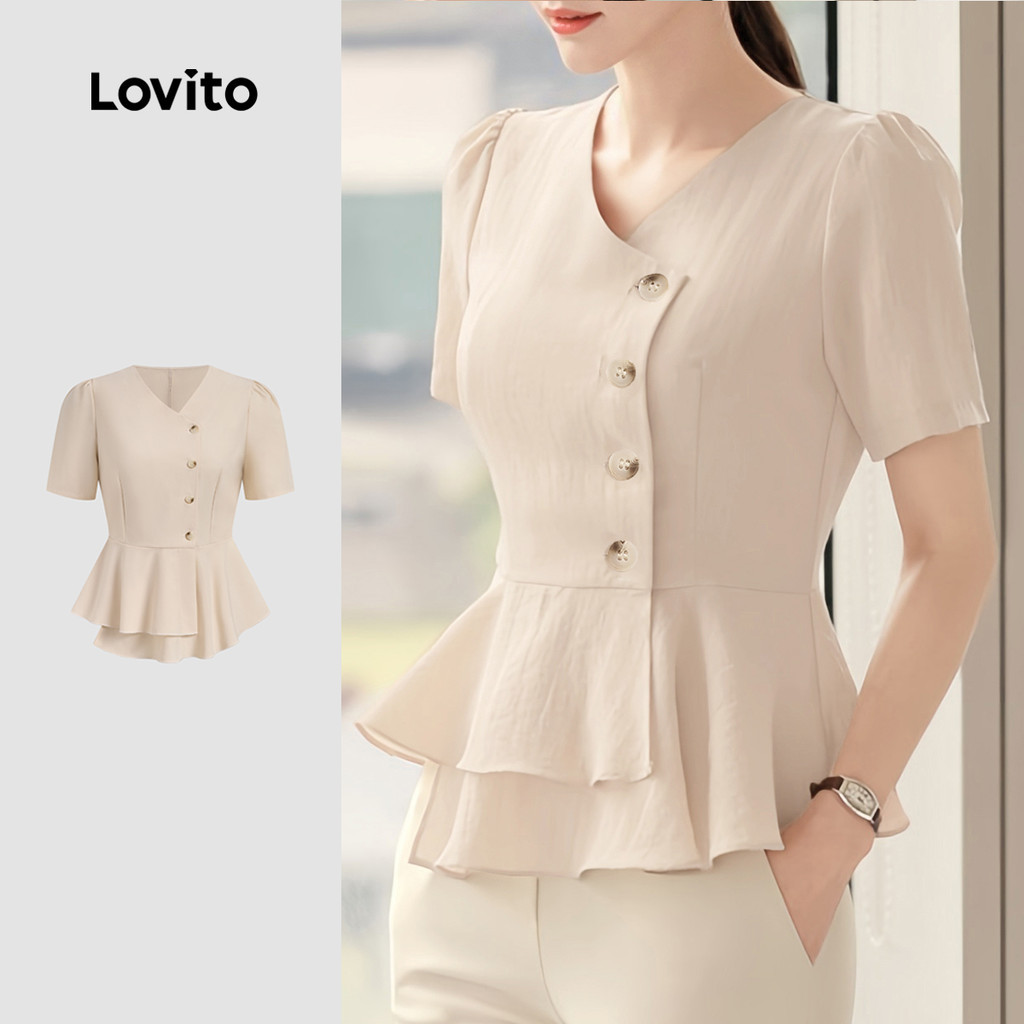 Lovito เสื้อเบลาส์สีกรมท่าเรียบหรูสำหรับฤดูร้อน/ฤดูใบไม้ผลิสำหรับผู้หญิง L134ED969