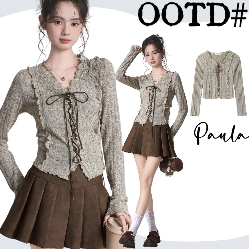 Paula พร้อมส่ง🌴เสื้อแขนยาวผู้หญิง🌴สีน้ำตาลดีไซน์เรียบหรูเสื้อกันหนาวเสื้อคาร์ดิแกน คอวีแต่งเซื่อกผูก งานสวยแฟชั่นเกาหล