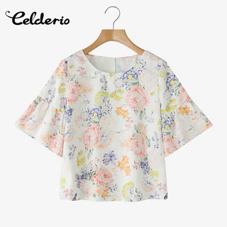 Celderio แฟชั่นผู้หญิง เสื้อลูกเรือครึ่งแขน พิมพ์ลายดอกไม้และระบาย สไตล์หรูหรา