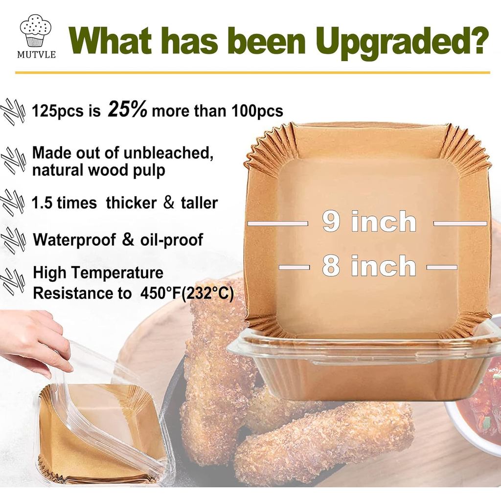 Large Air Fryer Disposable Paper Liners Square 9 Inch, 125 Pcs Parchment paper liner for 5-8QT Air f