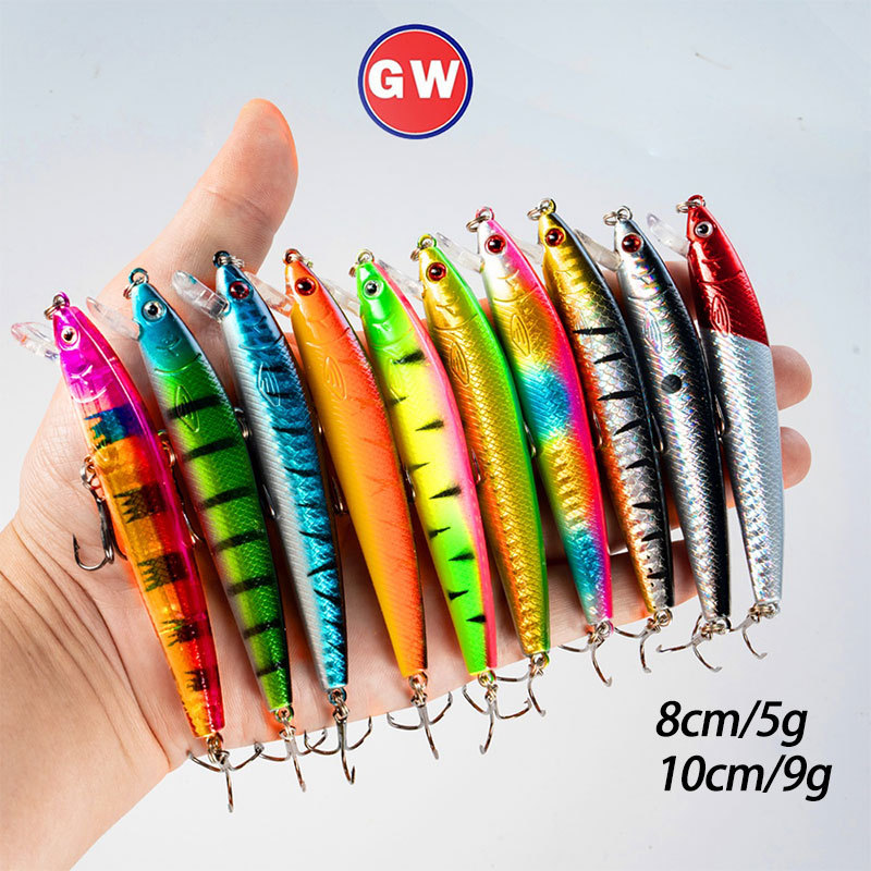 เหยื่อลวงตกปลาเทราท์และเบส sinking minnow แบบ swimbait ขนาด 5g และ 9g มีให้เลือกถึง 10 สี พร้อมตะขอเสียงแหลม