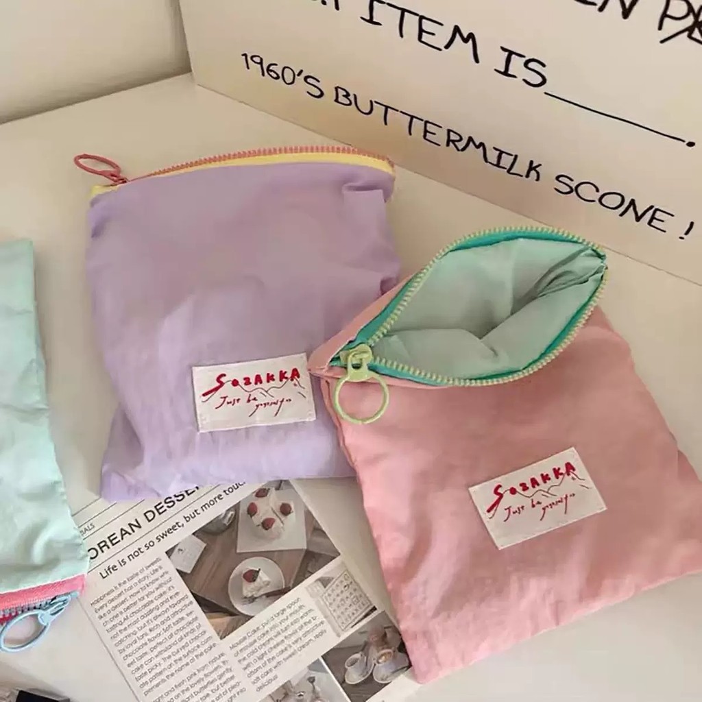 กระเป๋าแต่งหน้าแบบพกพาบาง Macaron สีจับคู่กระเป๋าเครื่องสําอางความงามสูง Simple Zipper Organizer多巴妆化包 - รูปที่ 3