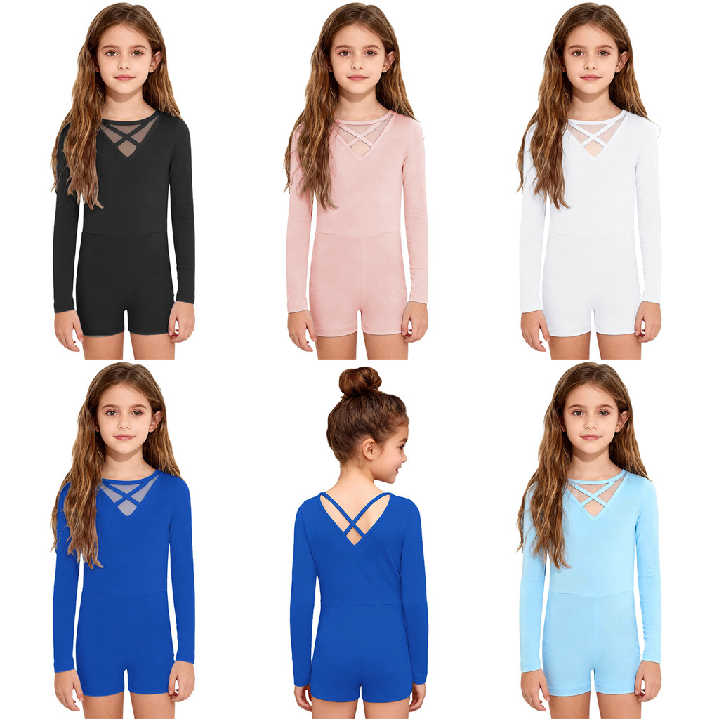 Yeahdor เด็กสาวบัลเล่ต์เต้นรํายิมนาสติกบอดี้สูทแขนยาวเชียร์ตาข่ายข้ามด้านหน้ากลับ Jumpsuit Dancewear