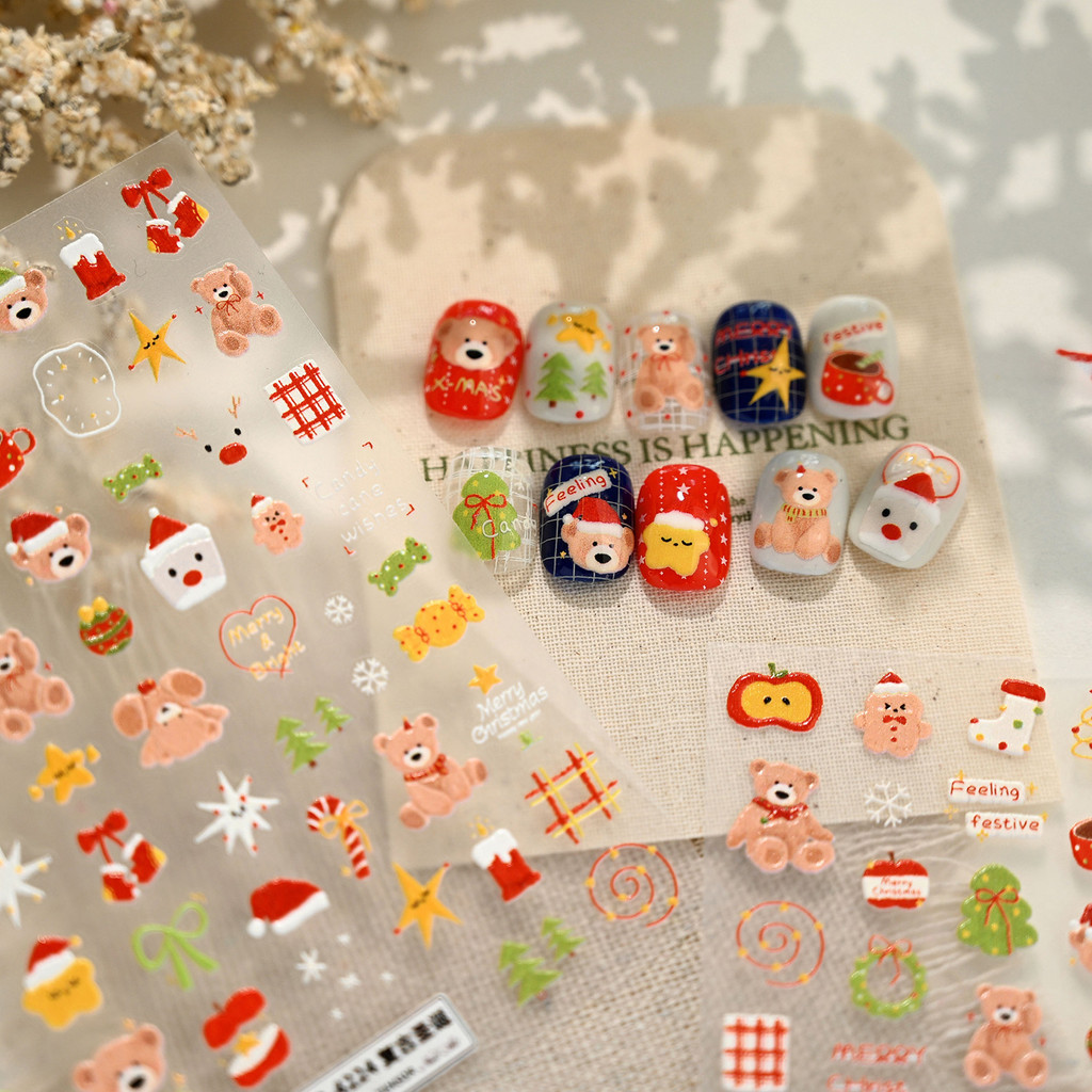 เหล็กน่ารักสไตล์คริสต์มาสเล็บสติ๊กเกอร์ทีเอส4224เด็กเหมือนหมีเครื่องดื่มร้อนถ้วยแอปเปิ้ลคริสต์มาสถุงน่องเล็บสติ๊กเกอร์
