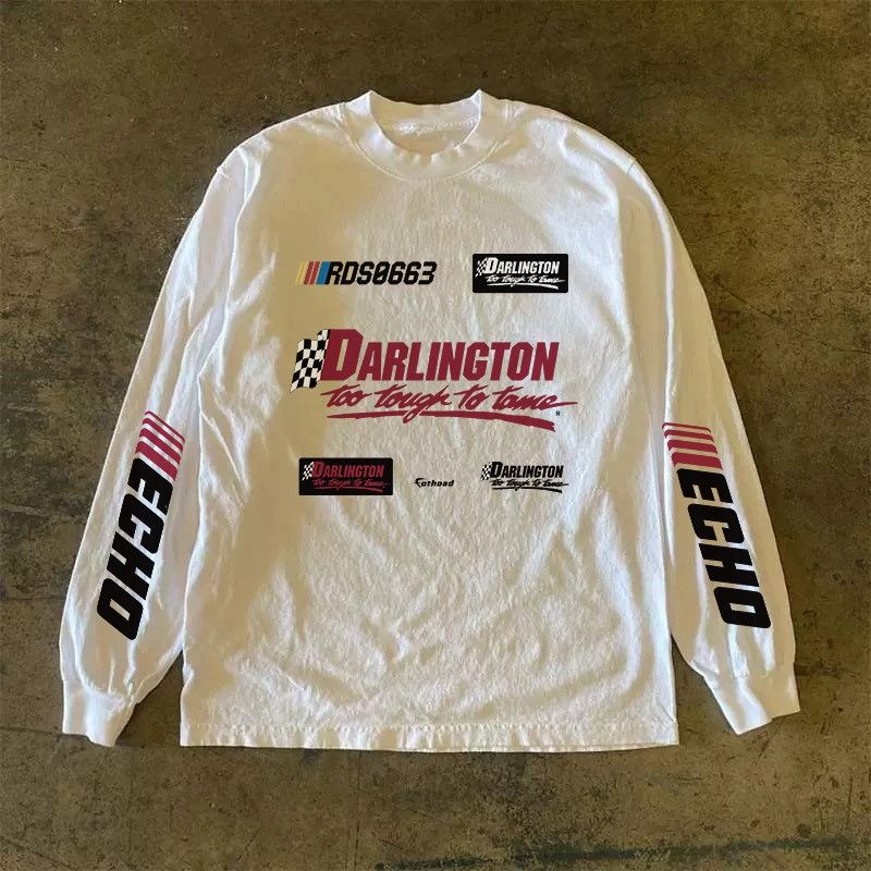 SUIKONE ซุยโคเนะ เสื้อยืดแขนยาวผู้ชาย อเมริกันเรโทรHip-Hop พิมพ์ลายแบบดีไซน์