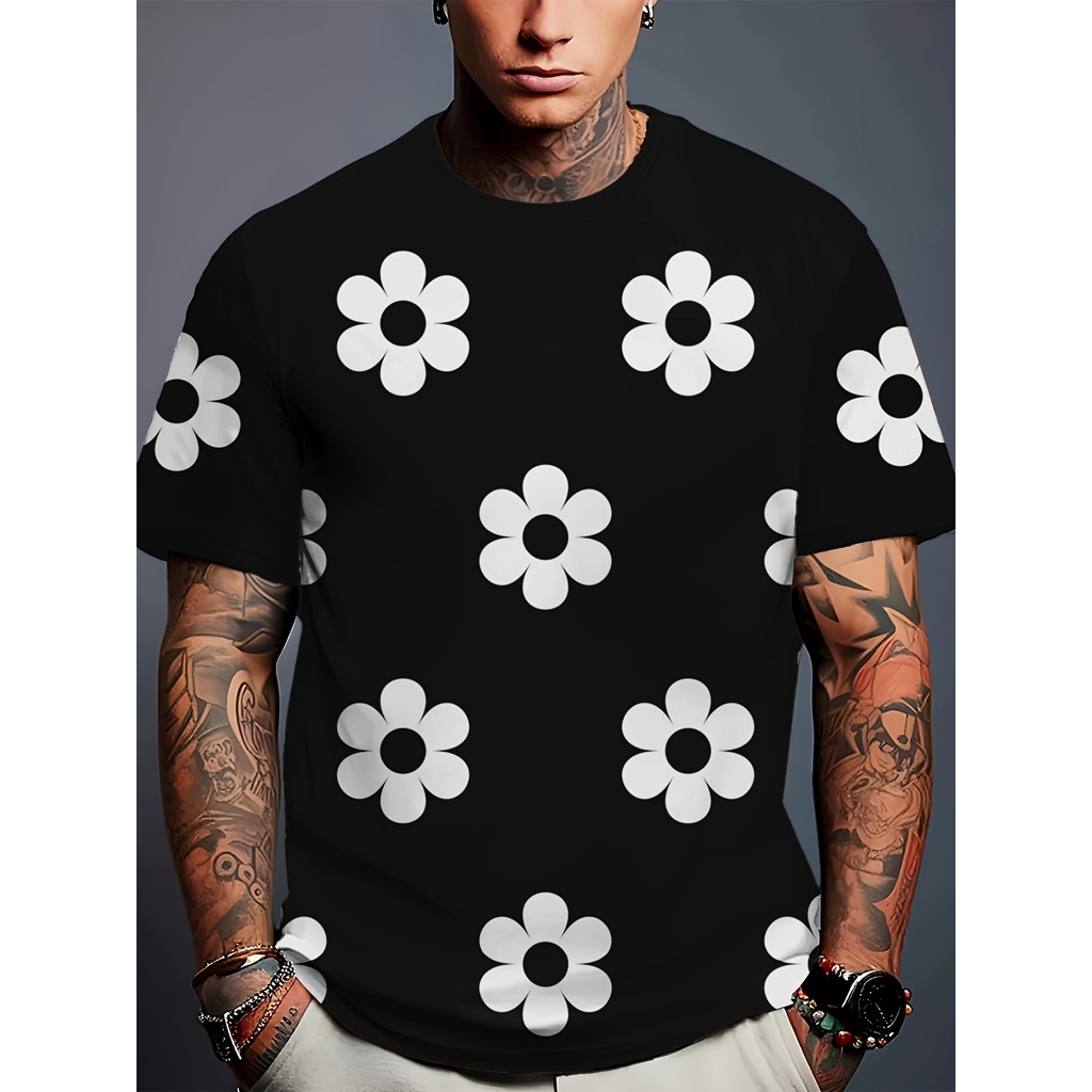 เสื้อยืดพิมพ์ลายดอกไม้ 3D Unisex, เสื้อยืดแขนสั้นคอกลมลําลอง, โพลีเอสเตอร์ 100%, ผ้าถักยืดแสง, พอดีป