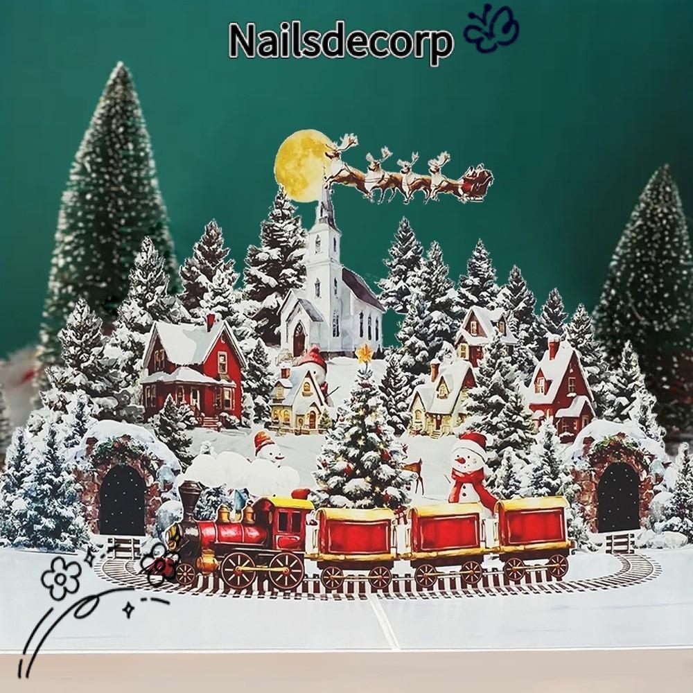 NAILS Pop-Up Christmas Card, With Envelopes Snowy Village Scene Christmas Card, Premium Folding Design Holiday Greeting Card Party