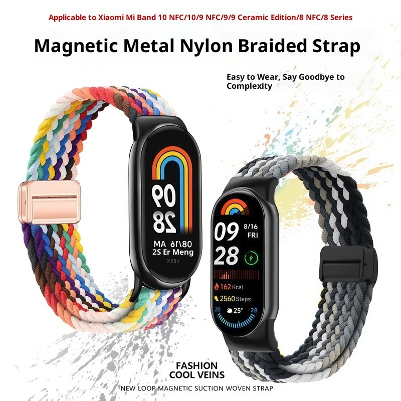 สายรัดไนลอนสําหรับ Xiaomi Mi Band 10 9 8 ถักหัวเข็มขัดแม่เหล็กปรับสายนาฬิกา Xiaomi Smart Band 10/9/8 อุปกรณ์เสริมเข็มขัด