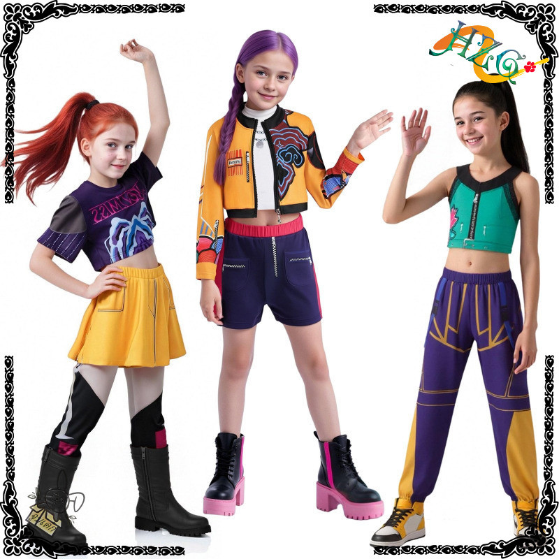 เด็ก Kpop DemonHuntersRumi Zoey Mira คอสเพลย์ Huntrix เครื่องแต่งกายสําหรับสาวเสื้อผ้า Group Idol Roleplayฮาโลวีน CarHZG