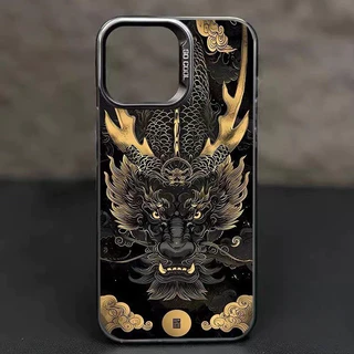 เคสโทรศัพท์ปุ่มโลหะรูปมังกรสีเหลืองทอง ไอโฟน11 For iPhone11 12 13 14 15 16 17 Pro MAX X XS XR XSMAX 7 8Plus เคสโทรศัพท์