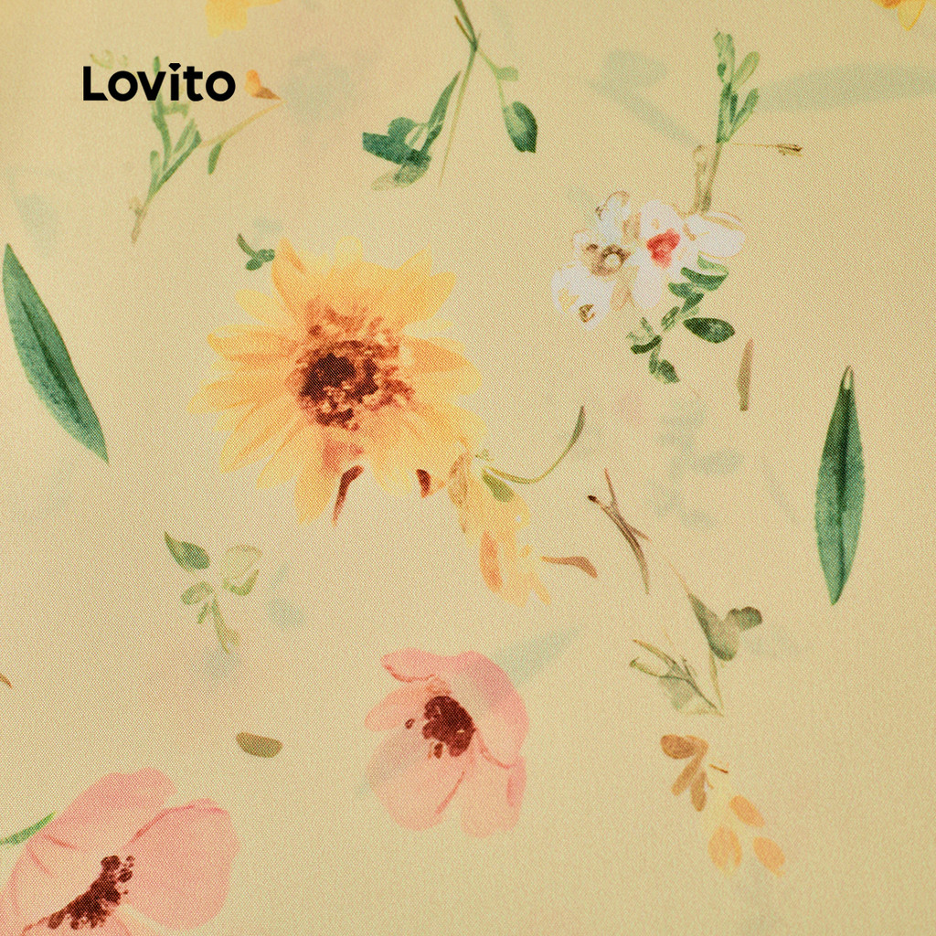 Lovito ชุดเดรสโบฮีลายดอกไม้พลีท สำหรับฤดูใบไม้ผลิ/ฤดูร้อน สีเหลือง สำหรับผู้หญิง L158ED1633 - รูปที่ 3