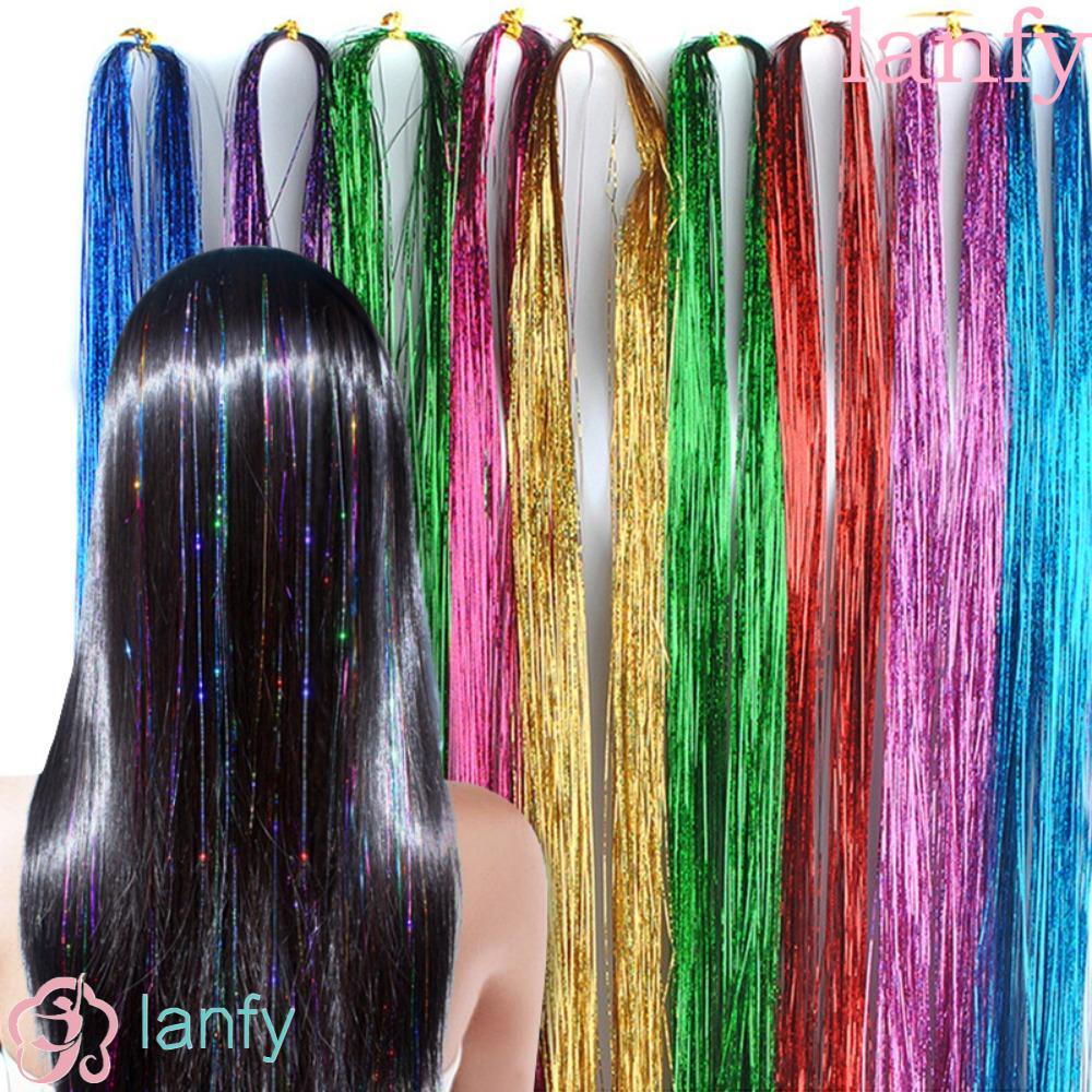 LANFY Tinsel Sparkle ผ้าไหมวิกผมสังเคราะห์แฟชั่น Dazzles อุปกรณ์เสริมผมผมสําหรับ Braiding Pony Tail ผู้หญิง Holographic Hippie Decor Glitter แถบ