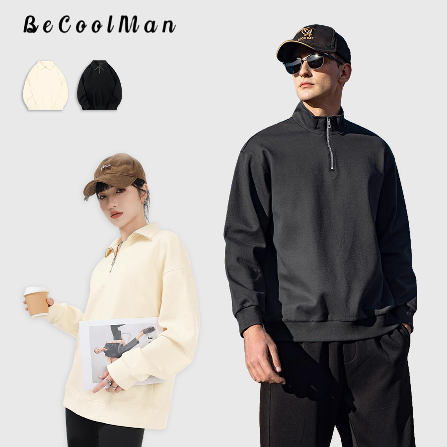 💥BecoolMan💥เสื้อ POLO แขนยาวสำหรับผู้ชายฤดูใบไม้ร่วงและฤดูหนาว สไตล์อเมริกันวินเทจ คอปก สีเรียบ การออกแบบซิปพับครึ่ง สวมใส่ได้หลากหลาย รูปแบบหลวม