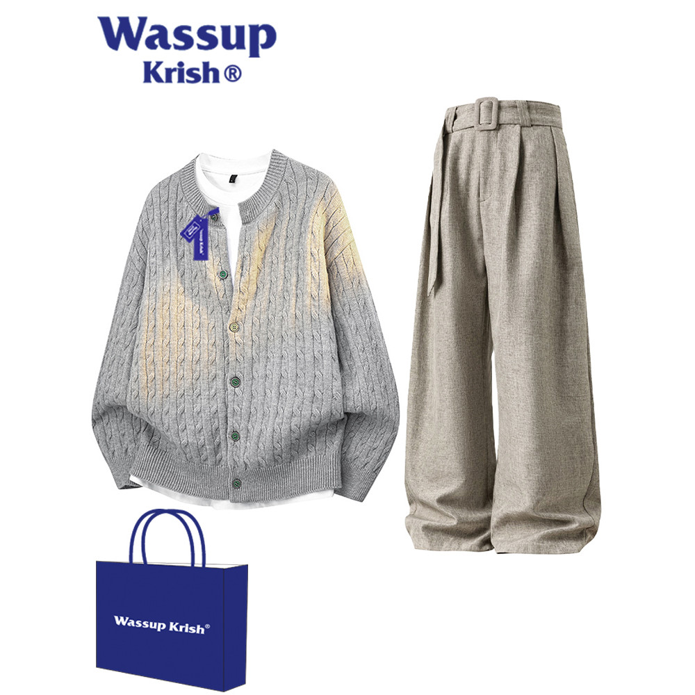 WASSUP KRISH เงินเก่าสไตล์ Lazy Retro ชุดลําลองผู้ชายฤดูใบไม้ร่วงเสื้อกันหนาวกางเกงสวมใส่ชุดสองชิ้น