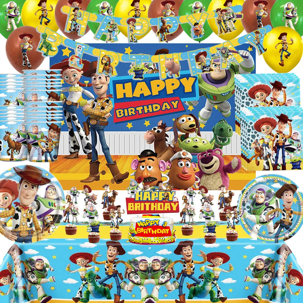 การ์ตูนToy Storyวันเกิดตกแต่งชุดบนโต๊ะอาหารบอลลูนแบนเนอร์เค้กTopperพื้นหลังสําหรับเด็กวันเกิดเด็ก