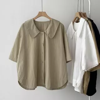 ‌[เสื้อเบลาส์โอเวอร์ไซส์] (40-150kg) เสื้อเบลาส์ผ้าลินิน แขนสั้น ทรงหลวม คอปกตุ๊กตา ผู้หญิง เสื้อฤดูร้อน พลัสไซส์ ธรรมดา