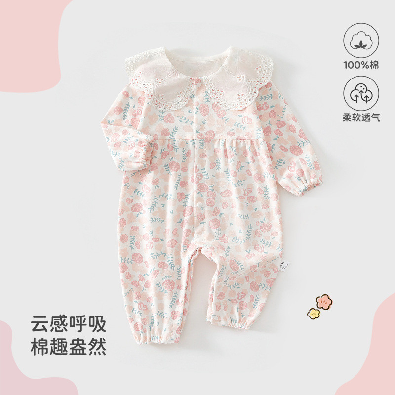 ทารกแรกเกิด Four Seasons แขนยาวลูกไม้ Jumpsuit เด็กผู้หญิง Outing น่ารักดอกไม้ Romper เด็ก Class A ไม่มีกระดูกผ้าฝ้ายแท้ Jumpsuit 66-90 ซม.