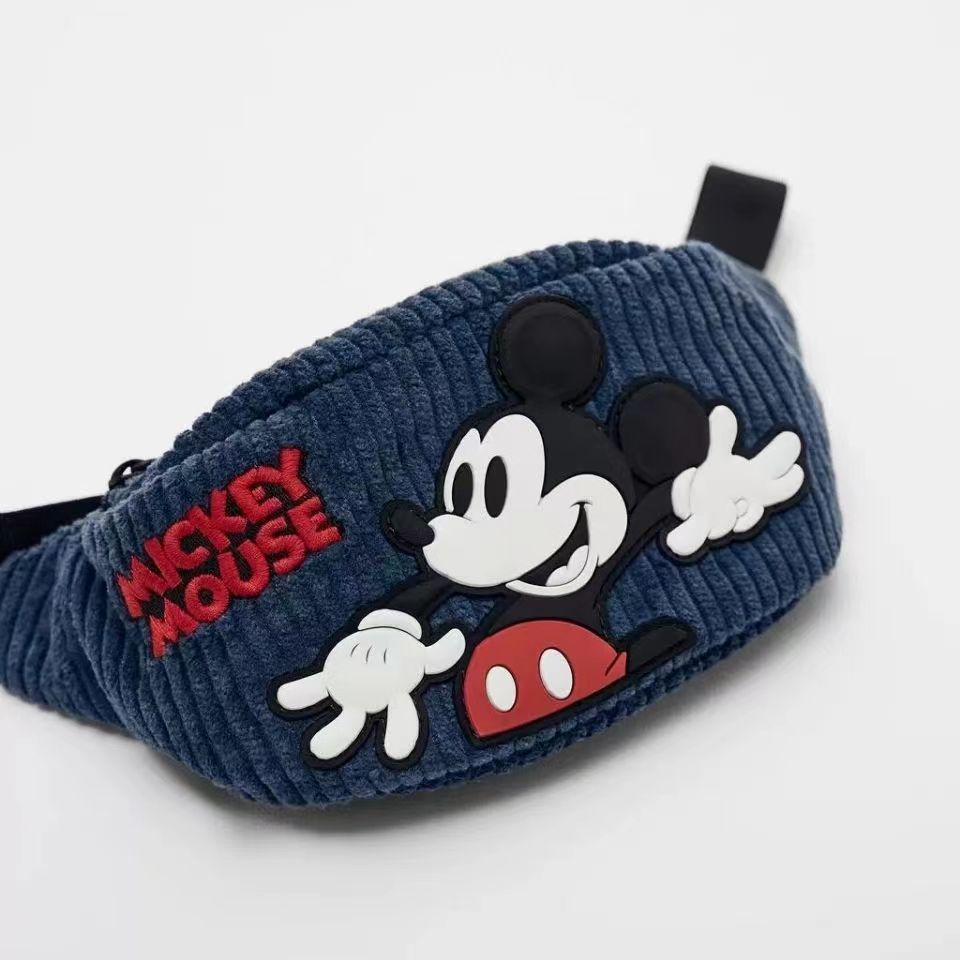 Disney Mickey Blue Corduroy Messenger กระเป๋าคาดเอวการ์ตูนอะนิเมะ Simple All-Match คาดหน้าอก
