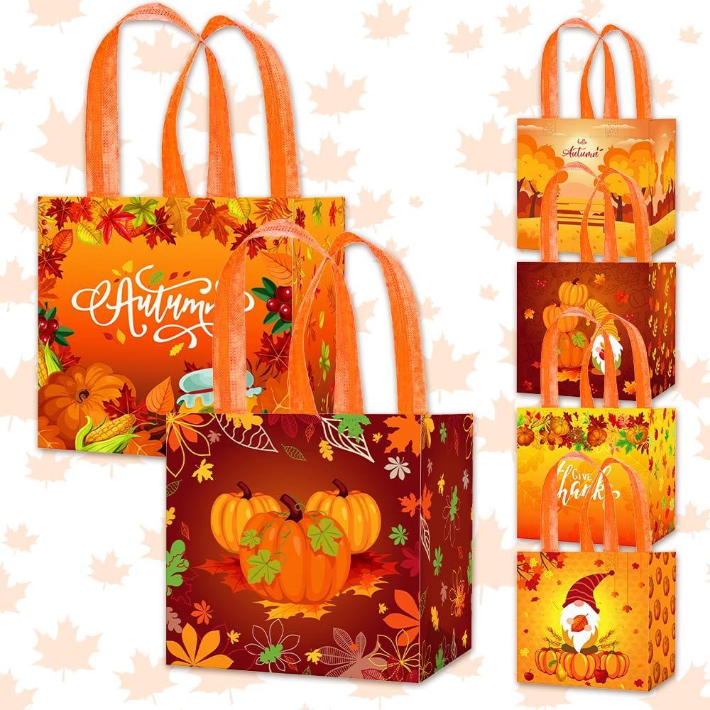 Hying 6PCS วันขอบคุณพระเจ้าถุงของขวัญสําหรับห่อของขวัญเด็ก, Reusable Fall Themed ถุงของขวัญพร้อมที่จ