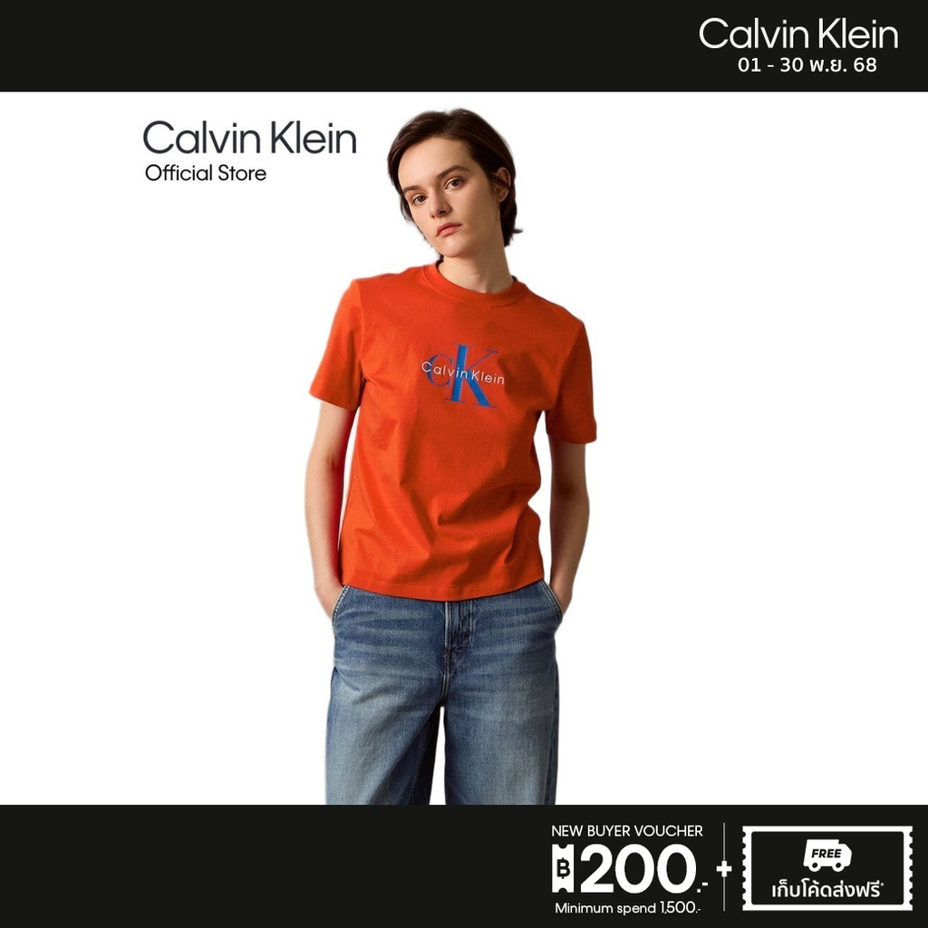 CALVIN KLEIN เสื้อยืดคอกลมแขนสั้นผู้หญิง Monogram Logo ทรง Regular รุ่น 47B865G TNC - สีส้ม