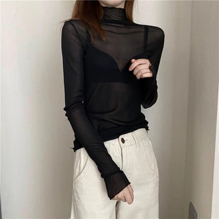 เสื้อเชิ้ตแขนยาว คอเต่า ผ้าโปร่ง แต่งลูกไม้ แบบบาง สุดเซ็กซี่ สําหรับผู้หญิง กันuv