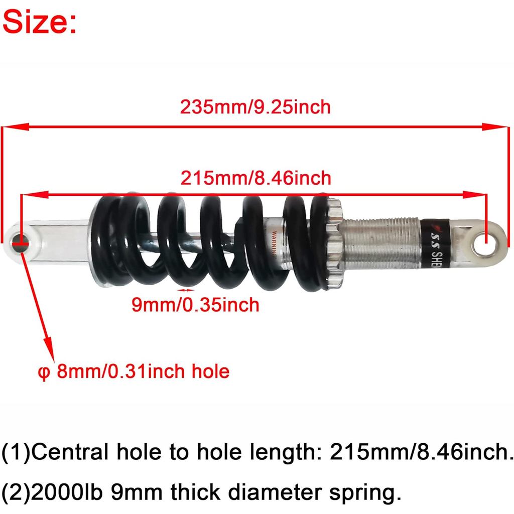 Universal Rear Shock Absorber,215mm/8.46inch 2000LBS Suspension Spring Shocks Fits for Electric Bike