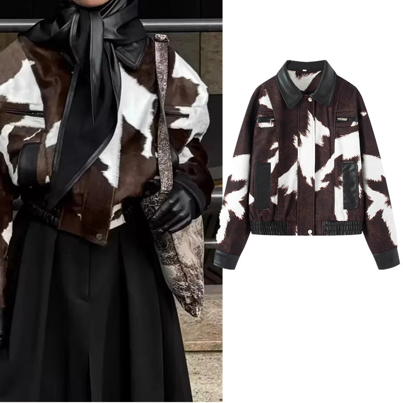 ZARA โค้ตแขนยาวพิวเฟอร์เทียมหนังวัว มีดีไซน์ลายวัว