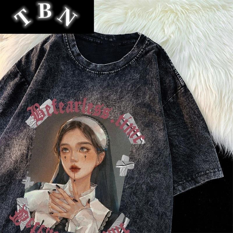 [TBN] เสื้อยืดฟอกขาวโอเวอร์ไซส์ผ้าคอตตอนแนวแฟชั่นฮิปฮอปเรโทร คอกลมทรงหลวมได้ใส่สบายฯCOTTON 100% ลายส