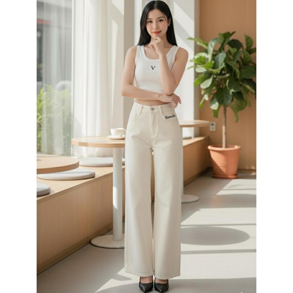NAMCHA  กางเกงยีนส์ทรงกระบอก กางเกงยีนส์เอวสูง กางเกงยีนส์ปักNAMCHA สีครีม 2313