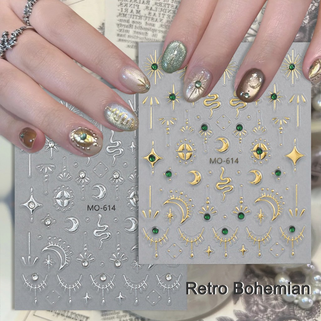 2/4 แผ่น 5D Retro Bohemian สติ๊กเกอร์ติดเล็บ,ทองเงินงู Moon Star สติ๊กเกอร์ติดเล็บ Rhinestones, นูนโลหะเล็บ