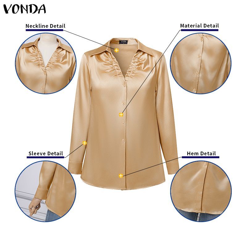 VONDA ผู้หญิงเกาหลีลําลองปกจีบ Silky ซาตินแขนยาวเหมาะกับทํางานเสื้อเชิ้ตสํานักงาน — صورة 8