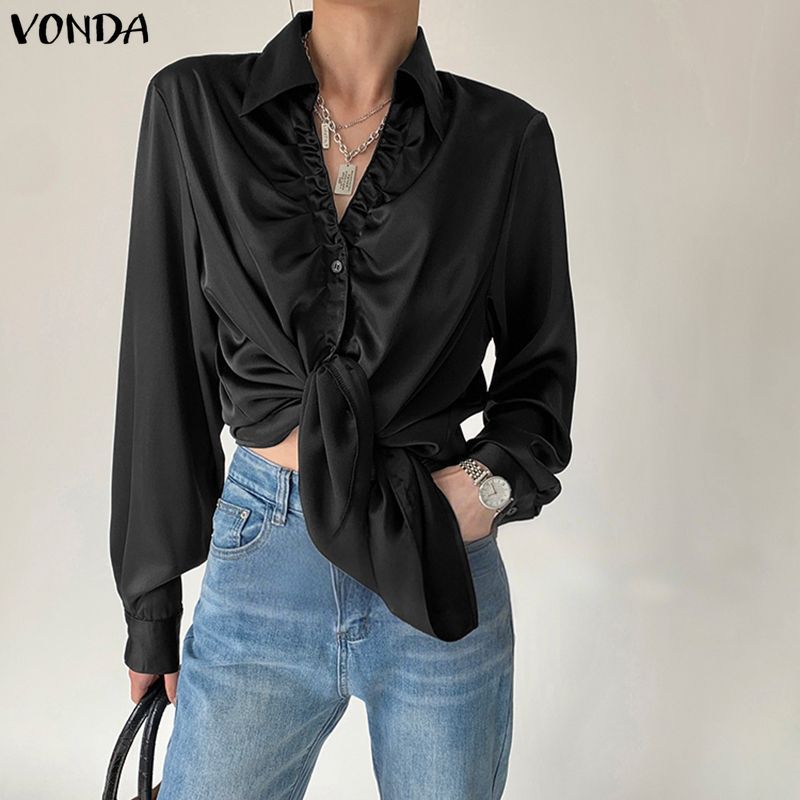 VONDA ผู้หญิงเกาหลีลําลองปกจีบ Silky ซาตินแขนยาวเหมาะกับทํางานเสื้อเชิ้ตสํานักงาน — صورة 4