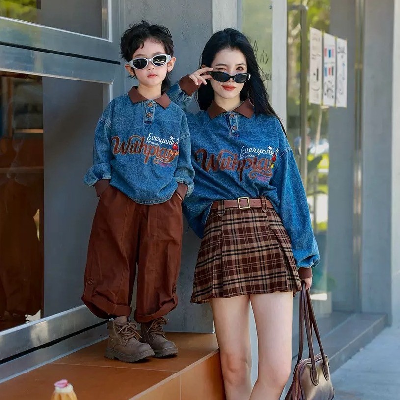 PRETTY BABY เสื้อเชิ๊ตเด็ก เสื้อแขนยาว กระโปรงลายสก็อต มีซับกางเกง ชุดคู่แม่ลูก (1872)
