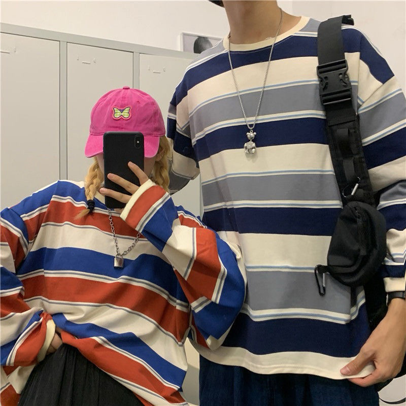 Chaistyle เสื้อเชิ้ตลายทาง อินเทรนด์ คอกลม สไตล์เกาหลี เสื้อยืดแขนสั้น/แขนยาว รุ่นเดียวกันทั้งชายและหญิง
