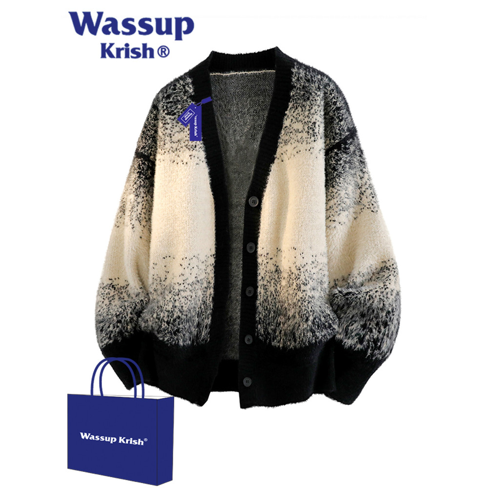 WASSUP KRISH Tie-Dye Gradient เสื้อสเวตเตอร์ถักผู้ชาย ดีไซน์ลาย.Gradient ฤดูใบไม้ร่วง ทรงV มีความสะด