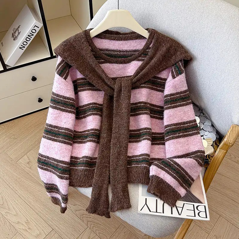 เสื้อกันหนาว ผู้หญิง ออกแบบ ลายทาง สี คอกลม ใหม่ สไตล์เกาหลี ผ้าคลุมไหล่