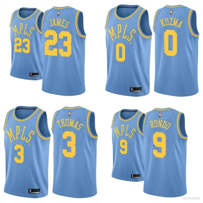 เสื้อแข่ง LA Lakers NBA แบบคลาสสิกสีน้ำเงิน ออกแบบตามสไตล์ของ LeBron James, Kyle Kuzma และ Rajon Ron