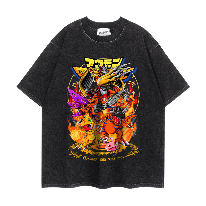 เสื้อยืดDigimon สีดำ ลายอะนิเมะญี่ปุ่น ทรงหลวมแขนสั้น สไตล์ดิสเทรสซ์