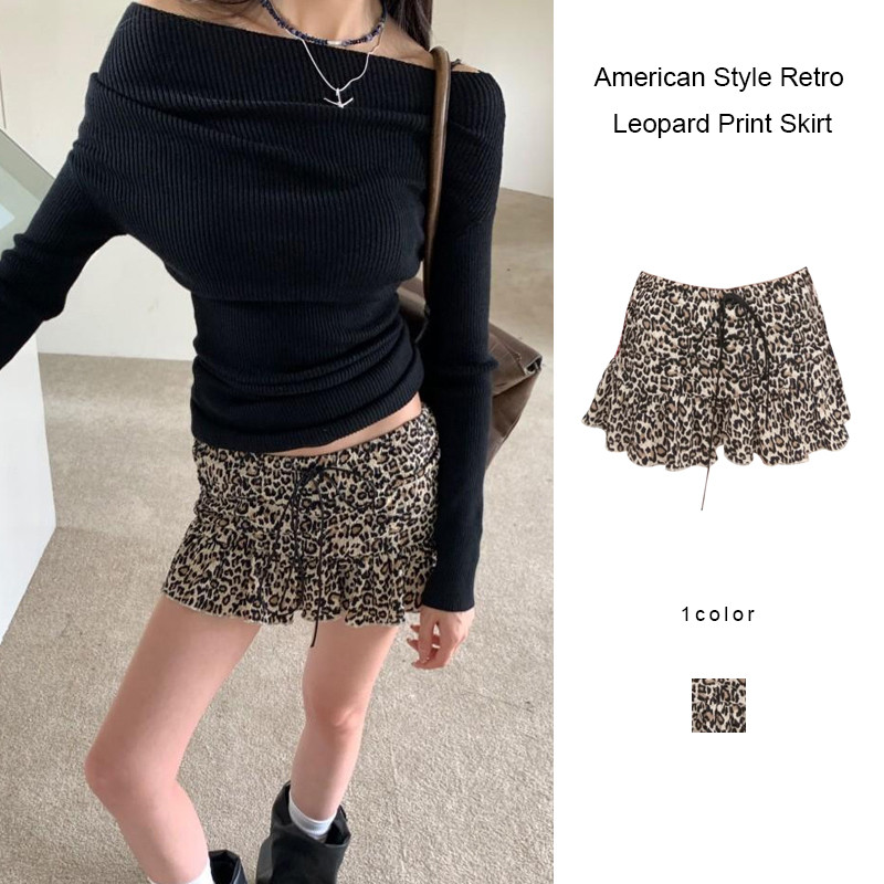 🌸ส่งไวจากไทย🌸 American Style Retro Leopard Print Skirt Sexy Hot Girl Skirt Lace-up Short Skirt Hip W