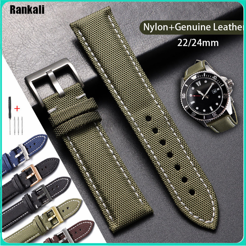 22 มม.24 มม.เย็บไนลอนสายนาฬิกาหนังแท้ Universal Sailcloth Cowhide สายนาฬิกาผู้ชายผู้หญิงทหาร Wristbelt