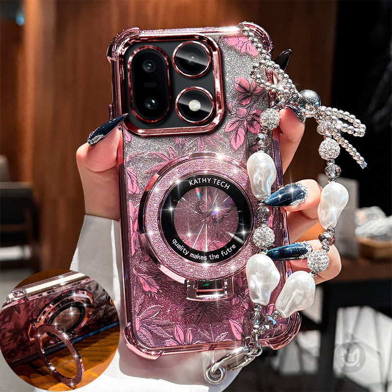 ปลอกสําหรับ Xiaomi Poco X7 X6 X5 X3 Pro M6 M7 X3 NFC ชุบกันกระแทก Glitter แม่เหล็กไร้สายชาร์จขาตั้งผู้ถือเคสโทรศัพท์พร้อมสร้อยข้อมือ