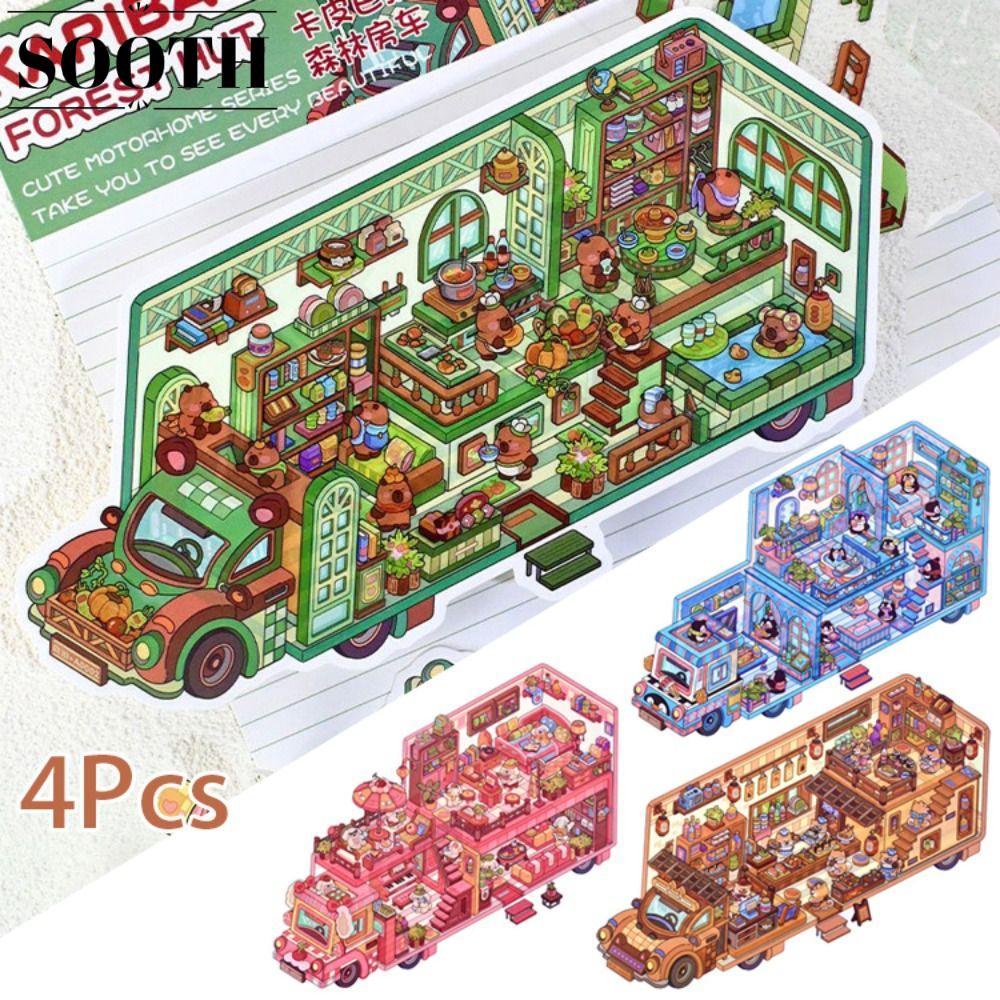 SOOTH 4 ชิ้น/เซ็ต Cabin ฉากสติกเกอร์เกม, DIY Handmade 2.5D ผลมอเตอร์ Home Landscape สติกเกอร์,สนุก P