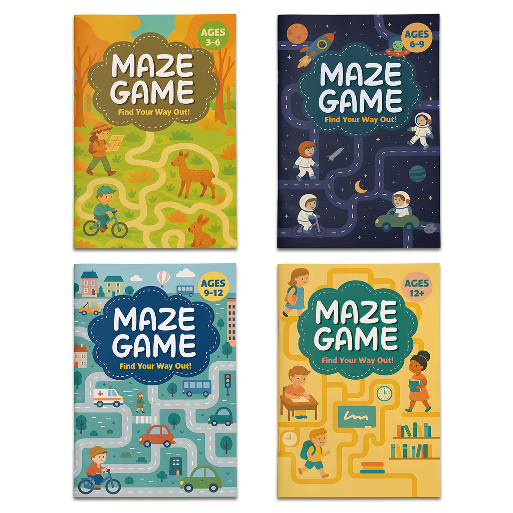 เกมเขาวงกต Series 11 ชุด 4 เล่ม (เริ่มต้น • ระดับกลาง • ขั้นสูง • ท้าทาย) | อายุ 3–6, 6–9, 9–12, 12+ | สมุดงานตรรกะและปัญหาสําหรับเด็ก, การฝึกโฟกัสและมอเตอร์แบบละเอียด