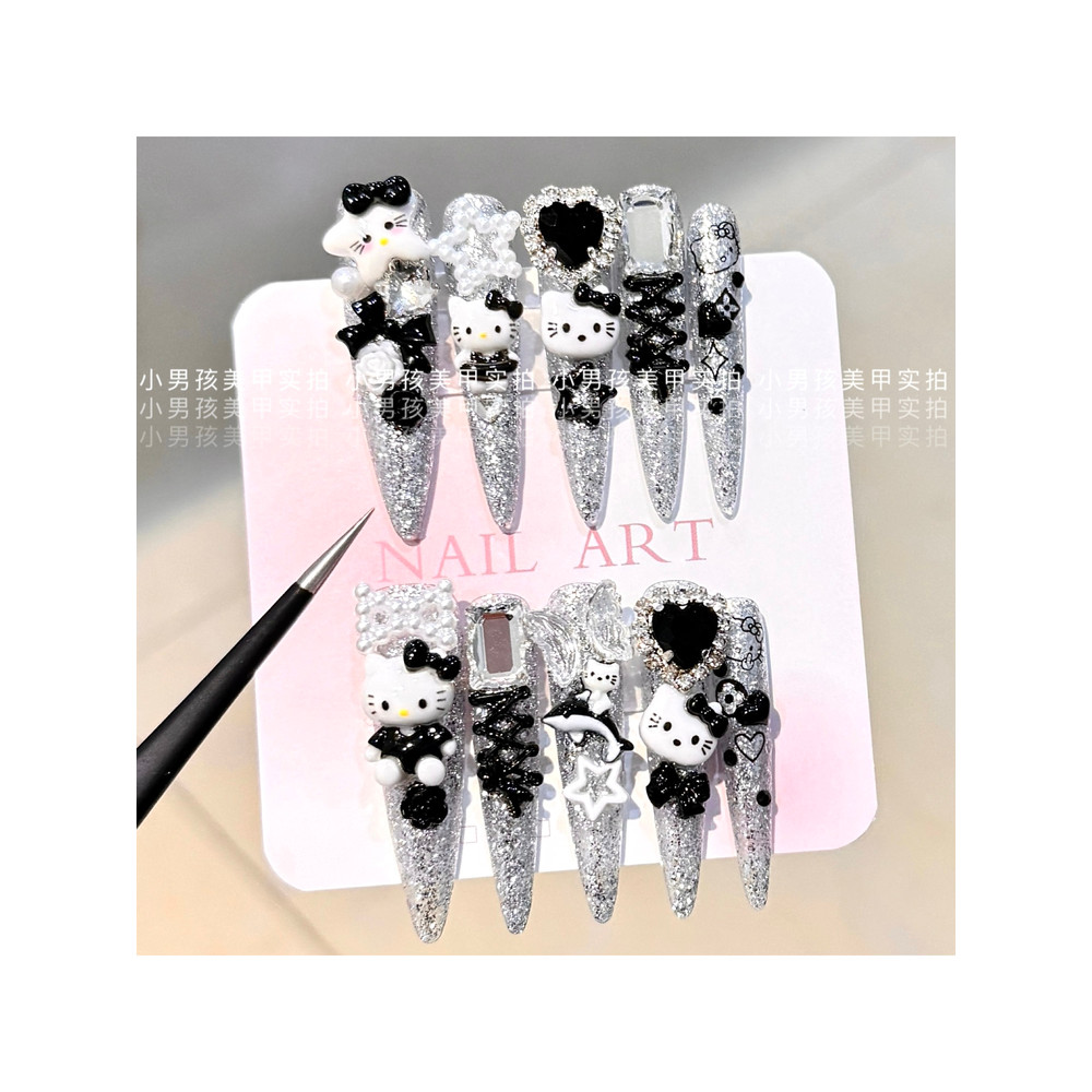 Y2k Hot Girl hellokitty Little Boy Nails Handmade สวมใส่เล็บที่ถอดออกได้ Patch